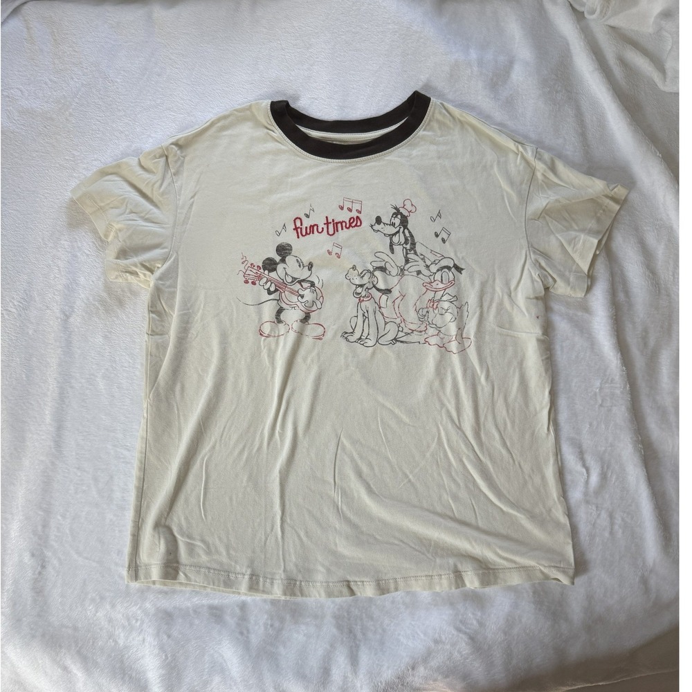 Disney Mickey Mouse and Friends Fun Times Ringer T-Shirt Cream Brown Medium